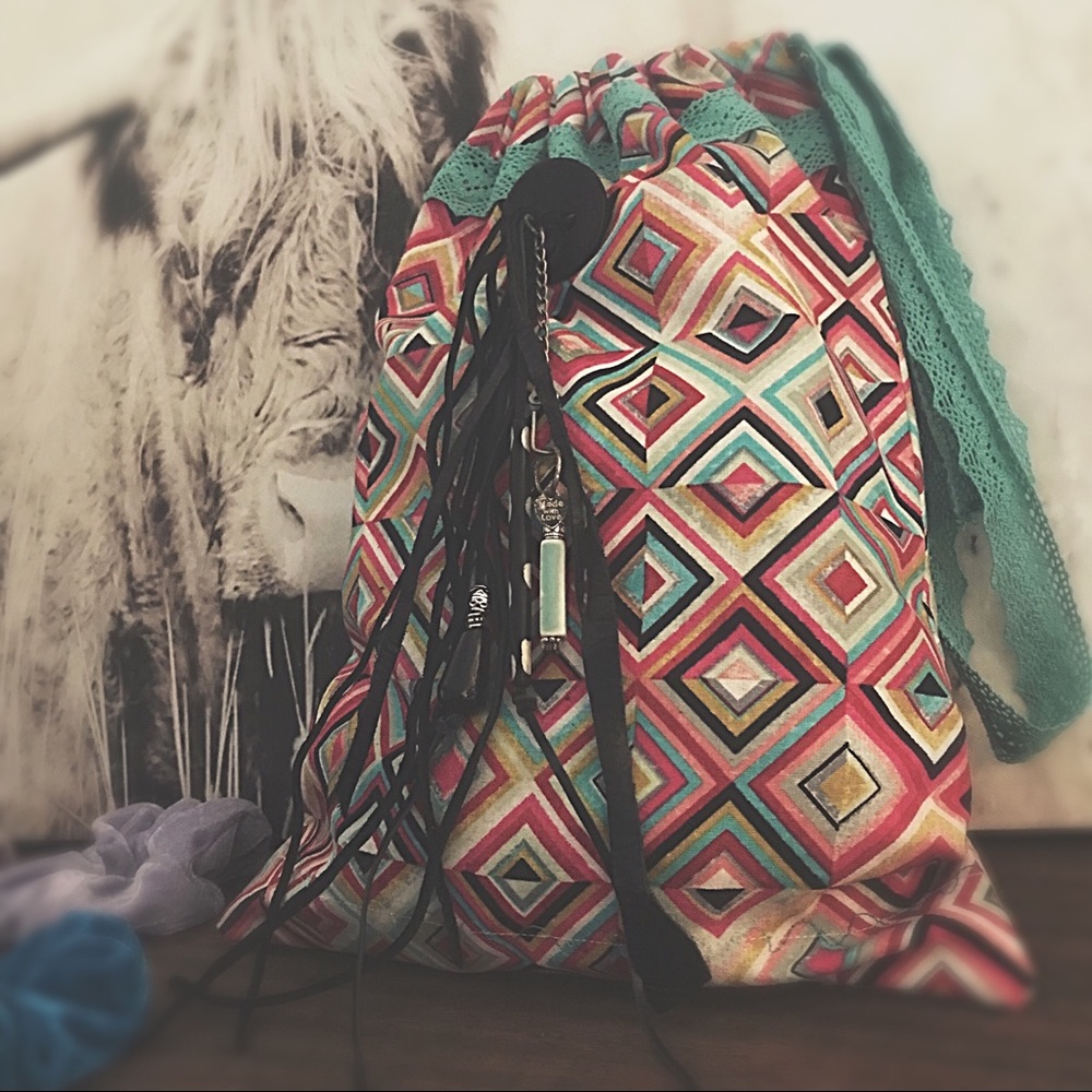 Festival Bag Leather fringe Geometric Print  2XHP🌵